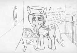 Size: 1024x704 | Tagged: safe, artist:aeropegasus, imported from derpibooru, oc, oc only, oc:aero pegasus, pegasus, pony, barn, cap, clothes, doing horse things, eating hay, female, glasses, hat, hay, looking at you, sketch, solo, stable, text, traditional art, vest