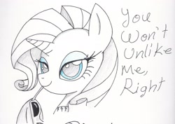 Size: 2269x1610 | Tagged: safe, artist:ethereal-desired, imported from derpibooru, rarity, pony, unicorn, bust, eyelashes, female, lidded eyes, mare, partial color, portrait, smiling, solo, sunglasses, traditional art