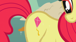 Size: 1280x720 | Tagged: safe, imported from derpibooru, screencap, apple bloom, earth pony, pony, call of the cutie, season 1, cutie mark, fake cutie mark, female, filly, foal, kite, solo