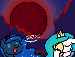 Size: 648x486 | Tagged: safe, artist:flutterluv, imported from derpibooru, princess celestia, princess luna, alicorn, pony, series:flutterluv's full moon, 2018 super blue blood moon, :d, animated, blood moon, blue moon, canterlot, celestia is not amused, chibi, cute, dialogue, duo, eyes closed, facehoof, female, floppy ears, lunabetes, moon, night, open mouth, royal sisters, seizure warning, smiling, unamused