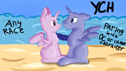 Size: 1280x720 | Tagged: safe, artist:jbond, deleted from derpibooru, imported from derpibooru, beach, commission, generic pony, shipping, text, your character here