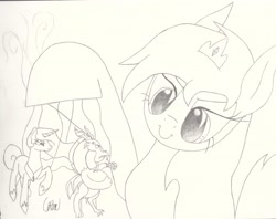 Size: 2997x2377 | Tagged: safe, artist:ethereal-desired, imported from derpibooru, discord, princess celestia, oc, draconequus, pony, crown, evil grin, grin, jewelry, marionette, monochrome, regalia, smiling, traditional art