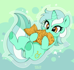 Size: 1500x1420 | Tagged: safe, artist:potetecyu_to, imported from derpibooru, lyra heartstrings, fish, pony, unicorn, abstract background, cute, eating, female, food, lying, lyrabetes, mare, nom, on back, solo, taiyaki, underhoof