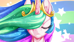 Size: 1920x1080 | Tagged: safe, artist:mysticalpha, imported from derpibooru, princess celestia, alicorn, pony, bust, crown, ethereal mane, eyelashes, eyes closed, female, flowing mane, frown, jewelry, lighting, mare, multicolored mane, portrait, praise the sun, rainbow background, regalia, royalty, serious, solo, sparkles, stars, tiara, wallpaper