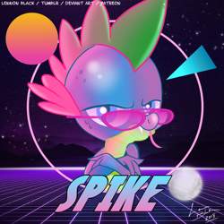 Size: 900x900 | Tagged: safe, artist:lennonblack, imported from derpibooru, spike, dragon, 80's-ish, crossed arms, glasses, looking at you, male, moon, retro, retrowave, solo, sun, tongue out, triangle