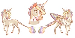 Size: 1280x648 | Tagged: safe, artist:earthsong9405, imported from derpibooru, oc, oc only, alicorn, bicorn, pony, unicorn, alicorn oc, bust, coat markings, colored wings, curved horn, leonine tail, multicolored wings, multiple parents, next generation, parent:applejack, parent:fluttershy, parent:pinkie pie, parent:rainbow dash, parent:rarity, parent:twilight sparkle, parents:omniship, portrait, realistic anatomy, realistic horse legs, simple background, unshorn fetlocks, white background