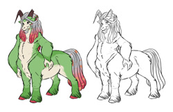 Size: 1280x828 | Tagged: safe, artist:earthsong9405, imported from derpibooru, oc, oc only, centaur, hybrid, broken horn, colored, colored hooves, commission, crack ship offspring, dreadlocks, interspecies offspring, lineart, next generation, offspring, parent:lord tirek, parent:tree hugger, ponytaur, realistic anatomy, realistic horse legs, simple background, solo, white background