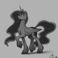 Size: 900x900 | Tagged: safe, artist:amarynceus, imported from derpibooru, princess luna, alicorn, pony, cloven hooves, female, gray background, grayscale, mare, monochrome, raised hoof, simple background, solo, unshorn fetlocks, walking