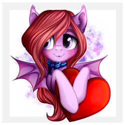 Size: 1500x1500 | Tagged: safe, artist:vird-gi, imported from derpibooru, oc, oc only, oc:mythic charm, bat pony, pony, bat pony oc, blushing, bowtie, cute, ear fluff, female, hair over one eye, heart, holding, mare, ocbetes, red hair, red mane, red tail, solo, spread wings, wings