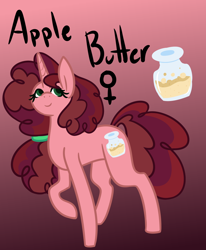 Size: 850x1030 | Tagged: safe, artist:eppyminecart, imported from derpibooru, oc, oc only, oc:apple butter (ice1517), pony, unicorn, icey-verse, female, gradient background, mare, next generation, offspring, parent:big macintosh, parent:sugar belle, parents:sugarmac, raised hoof, red background, simple background, solo