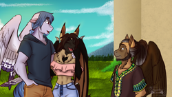 Size: 1600x904 | Tagged: safe, artist:blackblood-queen, imported from derpibooru, oc, oc only, oc:casey bleu, oc:rasta jam, oc:swift step, anthro, bat pony, hybrid, pegasus, anthro oc, bat pony oc, belly button, bleujam, clothes, eyes closed, fangs, female, floppy ears, male, mare, shirt, shorts, stallion