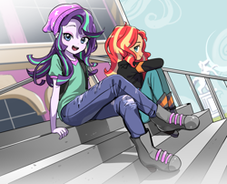 Size: 1359x1100 | Tagged: safe, artist:quizia, imported from derpibooru, starlight glimmer, sunset shimmer, equestria girls, mirror magic, spoiler:eqg specials, beanie, boots, canterlot high, clothes, cute, duo, eyeshadow, female, glimmerbetes, hat, jacket, jeans, looking at you, makeup, pants, shimmerbetes, shoes, sky, stairs