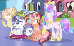 Size: 1024x639 | Tagged: safe, artist:sleppchocolatemlp, imported from derpibooru, princess flurry heart, oc, oc:butterfly weights, oc:cheese cupcake, oc:deina, crystal pony, earth pony, pegasus, pony, base used, crystallized, female, mare, offspring, older, older flurry heart, parent:bulk biceps, parent:cheese sandwich, parent:fancypants, parent:fluttershy, parent:pinkie pie, parent:rarity, parents:cheesepie, parents:flutterbulk, parents:raripants