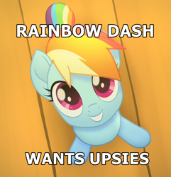 Size: 630x654 | Tagged: safe, edit, edited screencap, imported from derpibooru, screencap, rainbow dash, pegasus, pony, my little pony: the movie, bronybait, cute, dashabetes, female, grin, happy, image macro, looking up, meme, multicolored mane, red eyes, smiling, solo, text, text edit, time to be awesome, upsies