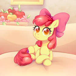 Size: 800x800 | Tagged: safe, artist:jumblehorse, deleted from derpibooru, imported from derpibooru, apple bloom, earth pony, pony, shiba inu, adorabloom, apple, bow, cute, doge, female, filly, food, hair bow, looking at you, meme, ponified animal photo, prone, solo