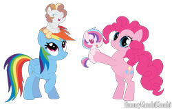 Size: 839x532 | Tagged: safe, artist:pandemiamichi, artist:s1nb0y, imported from derpibooru, pinkie pie, rainbow dash, oc, oc:pasteletta, oc:smoky quartz, earth pony, pegasus, pony, baby, baby pony, female, filly, holding a pony, lesbian, magical lesbian spawn, offspring, parent:pinkie pie, parent:rainbow dash, parents:pinkiedash, pinkiedash, shipping, simple background, transparent background