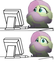 Size: 817x937 | Tagged: safe, edit, edited screencap, imported from derpibooru, screencap, fluttershy, pegasus, pony, my little pony: the movie, computer, computer reaction faces, female, floppy ears, image macro, meme, reaction image, solo, template, why would you post that