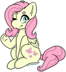 Size: 473x515 | Tagged: safe, artist:chey3tta, imported from derpibooru, fluttershy, pegasus, pony, female, folded wings, hi, looking at you, one eye closed, raised hoof, simple background, sitting, smiling, solo, transparent background, wink