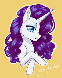 Size: 3200x4000 | Tagged: safe, artist:yumeyuuheii, imported from derpibooru, rarity, pony, unicorn, beautiful, bust, curly mane, cute, female, heart eyes, looking at you, mare, portrait, profile, raribetes, simple background, smiling, solo, sparkles, wingding eyes, yellow background