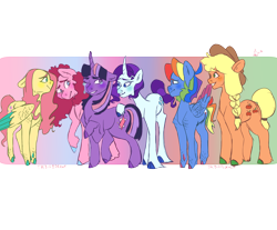 Size: 2300x1900 | Tagged: safe, artist:thebirbdraws, imported from derpibooru, applejack, fluttershy, pinkie pie, rainbow dash, rarity, twilight sparkle, earth pony, pegasus, pony, unicorn, cloven hooves, colored hooves, colored wings, colored wingtips, cowboy hat, crying, dewclaw, gradient background, hat, mane six, stetson, unshorn fetlocks