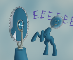 Size: 1356x1122 | Tagged: safe, artist:panzerhi, imported from derpibooru, oc, oc only, original species, pony, saw pony, anime eyes, blue background, circular saw, eeee, eyes closed, female, grin, i can't believe it's not badumsquish, mare, rearing, simple background, smiling, solo, squee, wat