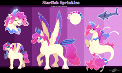 Size: 2339x1404 | Tagged: safe, artist:bijutsuyoukai, imported from derpibooru, oc, oc only, oc:starfish sprinkles, classical hippogriff, hippogriff, pegasus, pony, seapony (g4), shark, bust, female, filly, magical lesbian spawn, mouth hold, offspring, parent:pinkie pie, parent:princess skystar, parents:skypie, plushie, portrait, shark plushie, solo