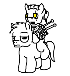 Size: 702x764 | Tagged: safe, artist:coolumbus, imported from derpibooru, eye scar, geralt of rivia, ms paint, partial color, ponies riding ponies, riding, roach, scar, simple background, the witcher, unamused, white background