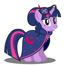 Size: 1417x1417 | Tagged: safe, artist:stellardusk, imported from derpibooru, twilight sparkle, pony, unicorn, alternate hairstyle, alternate universe, cape, clothes, female, glasses, hair bun, simple background, solo, transparent background, unicorn twilight, vector