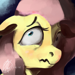 Size: 1000x1000 | Tagged: safe, artist:toisanemoif, imported from derpibooru, fluttershy, pegasus, pony, bust, face, female, floppy ears, looking sideways, portrait, scared, scrunchy face, solo, wide eyes