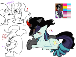 Size: 1280x960 | Tagged: safe, artist:suenden-hund, imported from derpibooru, coloratura, king sombra, coloratura is amused, crack shipping, curved horn, demigirl, female, heart, king sombra is not amused, lesbian, music notes, pride, prone, queen sombrina the pansexual trans woman, queen umbra, rule 63, shipping, simple background, sombratura, trans female, trans girl, transgender, white background