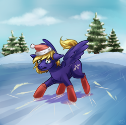 Size: 1500x1494 | Tagged: safe, artist:kand, imported from derpibooru, oc, oc only, oc:cloud quake, pegasus, pony, christmas, hat, holiday, ice, ice skates, ice skating, lake, male, santa hat, snow, solo, tree, winter, ych result