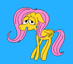 Size: 801x702 | Tagged: safe, artist:maxclemensart, artist:spirantel, imported from derpibooru, fluttershy, pegasus, pony, blue background, ears back, female, floppy ears, full body, hooves, lidded eyes, looking at you, open mouth, pink mane, pink tail, simple background, solo, standing, tail, wings