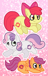 Size: 514x810 | Tagged: dead source, safe, artist:raystar-draws, artist:raystarkitty, imported from derpibooru, apple bloom, scootaloo, sweetie belle, earth pony, pegasus, pony, unicorn, abstract background, alternate cutie mark, cheek fluff, cutie mark, cutie mark crusaders, female, filly, kidcore, one eye closed, the cmc's cutie marks, trio, wink