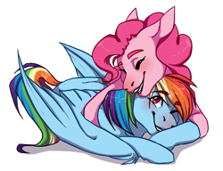 Size: 1300x1000 | Tagged: safe, artist:fluffyrainbowsheep, imported from derpibooru, pinkie pie, rainbow dash, earth pony, pegasus, pony, cuddling, cute, dashabetes, diapinkes, eyes closed, female, lesbian, mare, one eye closed, open mouth, pinkiedash, shipping, simple background, smiling, snuggling, transparent background