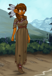 Size: 1081x1582 | Tagged: safe, artist:marsminer, imported from derpibooru, oc, oc only, oc:venus spring, anthro, plantigrade anthro, choker, clothes, dress, feather, female, native american, solo, squaw