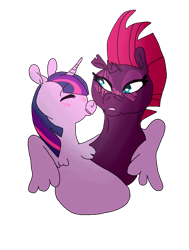 Size: 850x1122 | Tagged: safe, artist:solgaleolesbian, imported from derpibooru, fizzlepop berrytwist, tempest shadow, twilight sparkle, alicorn, my little pony: the movie, female, hug, lesbian, shipping, simple background, tempestlight, transparent background, twilight sparkle (alicorn), winghug