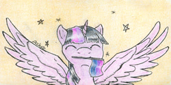 Size: 1256x626 | Tagged: safe, artist:azkre, imported from derpibooru, twilight sparkle, alicorn, pony, bi twi, bilight sparkle, bisexual pride flag, bisexuality, eyes closed, female, mare, mouth hold, pride, pride flag, solo, spread wings, traditional art, twilight sparkle (alicorn), twilight sparkle is amused, wings