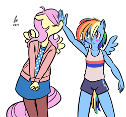 Size: 1500x1400 | Tagged: safe, artist:rwl, imported from derpibooru, fluttershy, rainbow dash, anthro, pegasus, armpits, blushing, clothes, duo, eyes closed, female, flapping, flutterdash, high five, kissing, lesbian, shipping, shorts, simple background, skirt, tallershy, wide eyes, you're doing it wrong