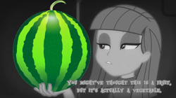 Size: 1024x575 | Tagged: safe, artist:jamesawilliams1996, edit, edited screencap, imported from derpibooru, screencap, maud pie, equestria girls, equestria girls series, rarity investigates: the case of the bedazzled boot, female, food, grayscale, monochrome, rarity investigates (eqg): applejack, solo, watermelon