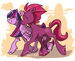 Size: 1596x1294 | Tagged: safe, artist:artbynamppa, imported from derpibooru, fizzlepop berrytwist, tempest shadow, twilight sparkle, alicorn, pony, unicorn, my little pony: the movie, broken horn, colored hooves, duo, eyes closed, female, friendshipping, mare, smiling, twilight sparkle (alicorn), unshorn fetlocks, walking