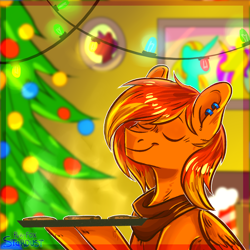 Size: 1600x1600 | Tagged: safe, artist:pur-fox stardust, imported from derpibooru, oc, oc only, oc:charles farrow, pony, christmas, christmas tree, holiday, solo, tree