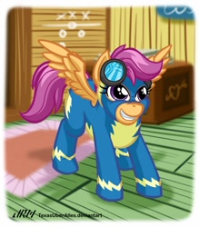 Size: 720x822 | Tagged: safe, artist:texasuberalles, imported from derpibooru, part of a set, scootaloo, pegasus, pony, clothes, clubhouse, crusaders clubhouse, female, filly, goggles, grin, smiling, solo, uniform, wonderbolts uniform