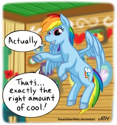 Size: 720x769 | Tagged: safe, artist:texasuberalles, imported from derpibooru, part of a set, rainbow dash, pegasus, pony, 20% cooler, clubhouse, crusaders clubhouse, female, flying, mare, pointing, solo, speech bubble, subverted meme, underhoof