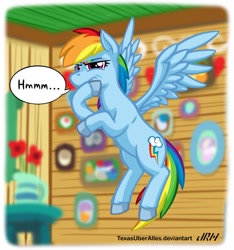 Size: 720x769 | Tagged: safe, artist:texasuberalles, imported from derpibooru, part of a set, rainbow dash, pegasus, pony, clubhouse, crusaders clubhouse, female, flying, hmm, mare, solo, speech bubble, thinking