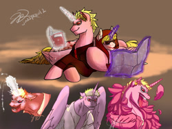 Size: 800x600 | Tagged: safe, artist:jazzprowl2, imported from derpibooru, alicorn, pony, angry, book, crossover, donquixote doflamingo, donquixote rosinante, magic, one piece, ponified, prone, reading, telekinesis, tongue out, vein, vein bulge