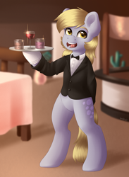 Size: 2200x3000 | Tagged: safe, artist:spirit-dude, imported from derpibooru, derpy hooves, pony, beverage, bipedal, chair, clothes, drink, female, open mouth, restaurant, solo, suit, table, tray, waitress