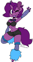 Size: 584x1074 | Tagged: safe, artist:inkystarz, imported from derpibooru, oc, oc only, oc:electroheart, anthro, unicorn, armpits, clothes, curved horn, cute, cute little fangs, fangs, female, fishnets, goggles, hooves, mare, one eye closed, peace sign, pose, shorts, signature, simple background, solo, tongue out, white background, wink