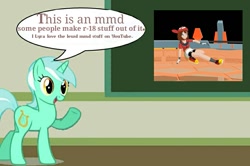 Size: 887x588 | Tagged: safe, imported from derpibooru, lyra heartstrings, pony, unicorn, 3d, female, human studies101 with lyra, incorrect meme use, mare, may (pokémon), meme, mmd, text