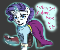 Size: 3600x3000 | Tagged: safe, artist:katakiuchi4u, imported from derpibooru, rarity, pony, unicorn, school daze, season 8, clothes, cummerbund, dialogue, engrish, eyeshadow, female, glasses, hair bun, looking at you, magic, makeup, mare, necktie, sash, schoolmarm rarity, shirt, skirt, smiling, solo, standing, stockings, teacher, that was fast, thigh highs