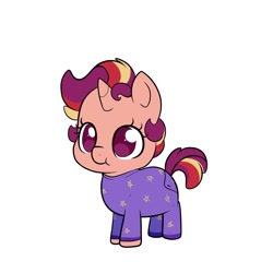 Size: 1280x1280 | Tagged: safe, artist:little-tweenframes, deleted from derpibooru, imported from derpibooru, oc, oc only, oc:sparkling sapphire, pony, unicorn, series:sciset diary, :t, alternate color palette, clothes, cute, female, foal, footed sleeper, magical lesbian spawn, ocbetes, offspring, pajamas, parent:sci-twi, parent:sunset shimmer, parents:scitwishimmer, simple background, smiling, solo, white background